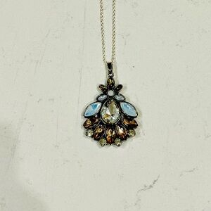 Silver Tone Clear Champagne Smoky Rhinestone Marquise Floral Pendant Necklace